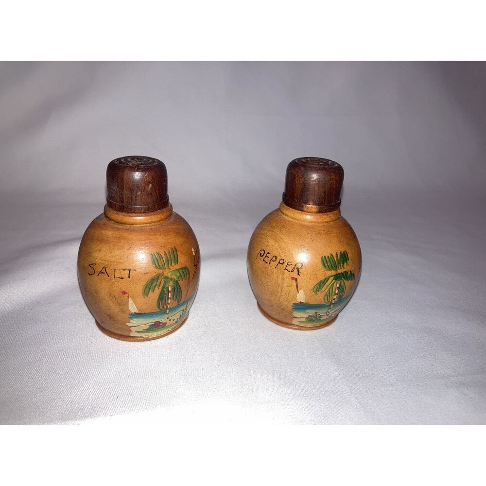 Wooden Hand Painted Salt & Pepper Shakers Palm Trees Beach Vintage Signed Tropic